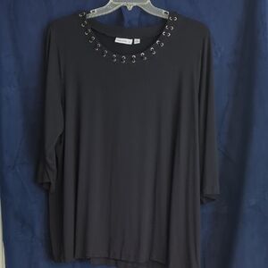 Susan Graver Black Long Sleeve Top with Eyelet Neckline